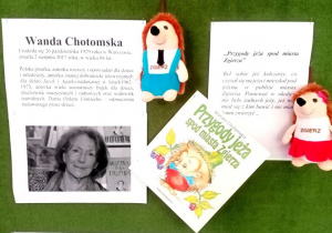 tablica z informacjami na temat Wandy Chotomskiej, maskotki jeży.
